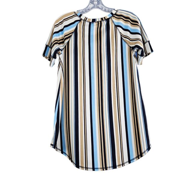 EUC LuLaRoe Hailey Short Sleeve Hi-Lo Shirt Sz. XS Black Tan Blue White Stripes - Picture 2 of 5